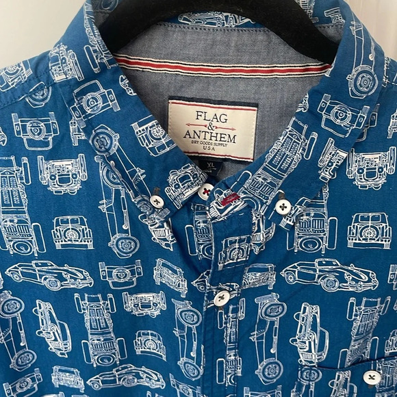 Flag & Anthem button down shirt vintage classic car blue white  short sleeve XL - Picture 11 of 12
